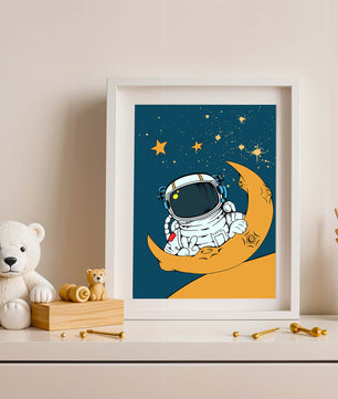 Charming Astronaut Sitting on a Crescent Moon with Stars in Space - Mi tienda