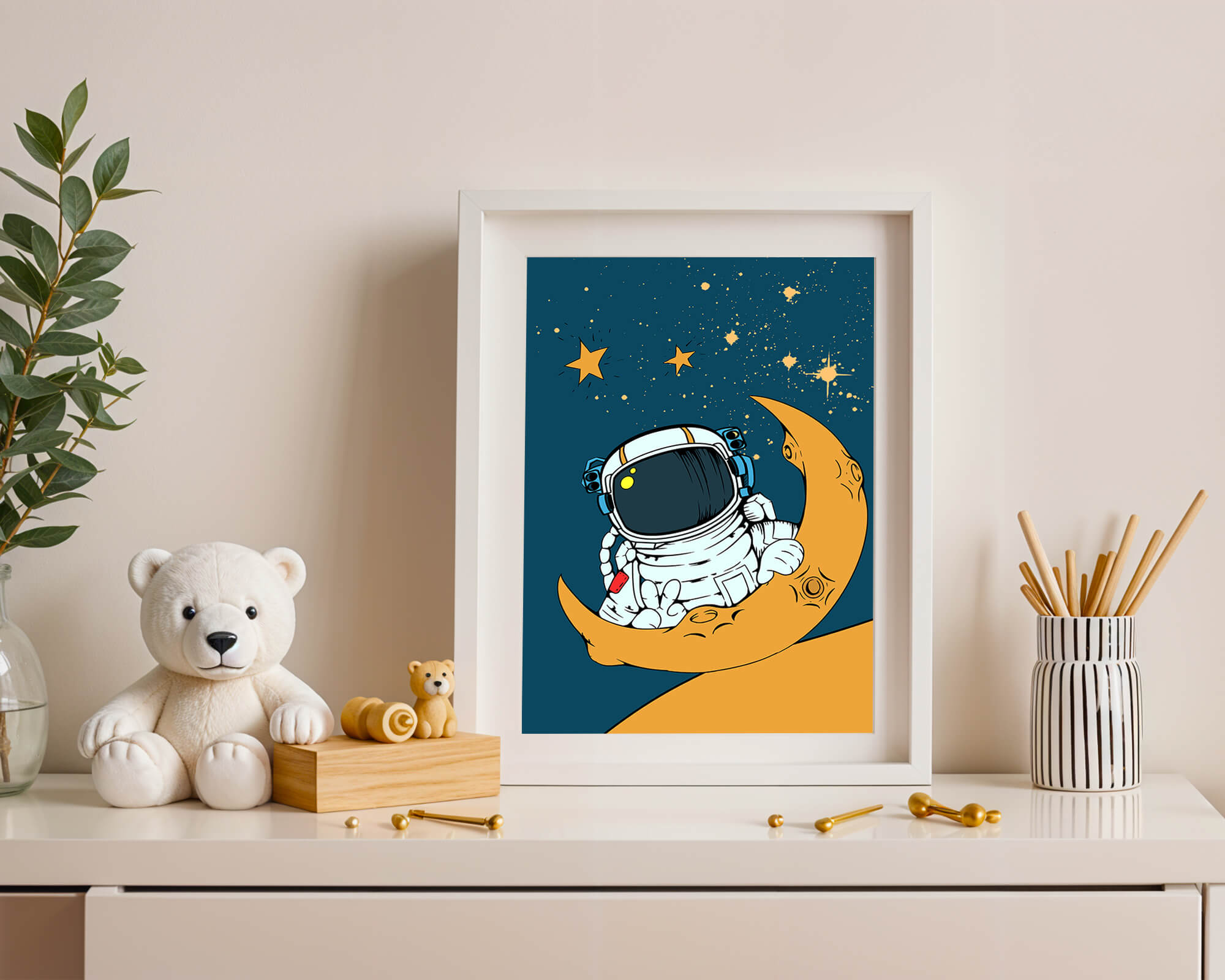 Charming Astronaut Sitting on a Crescent Moon with Stars in Space - Mi tienda