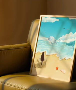 Meeresblick mit Wal und Elemente am Strand