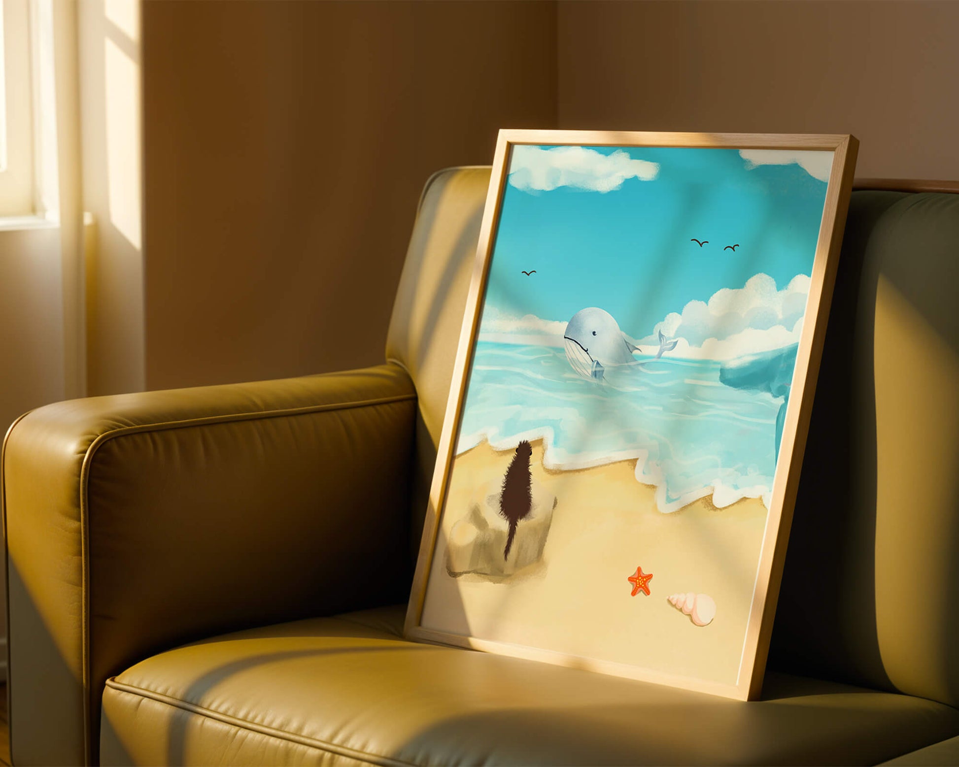 Vista al océano con ballena y elementos de playa