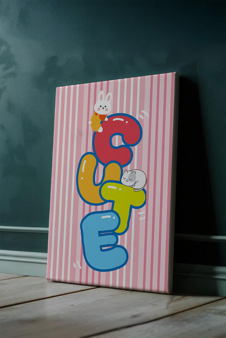 Playful cute illustration with bunny and kitten on colorful letters