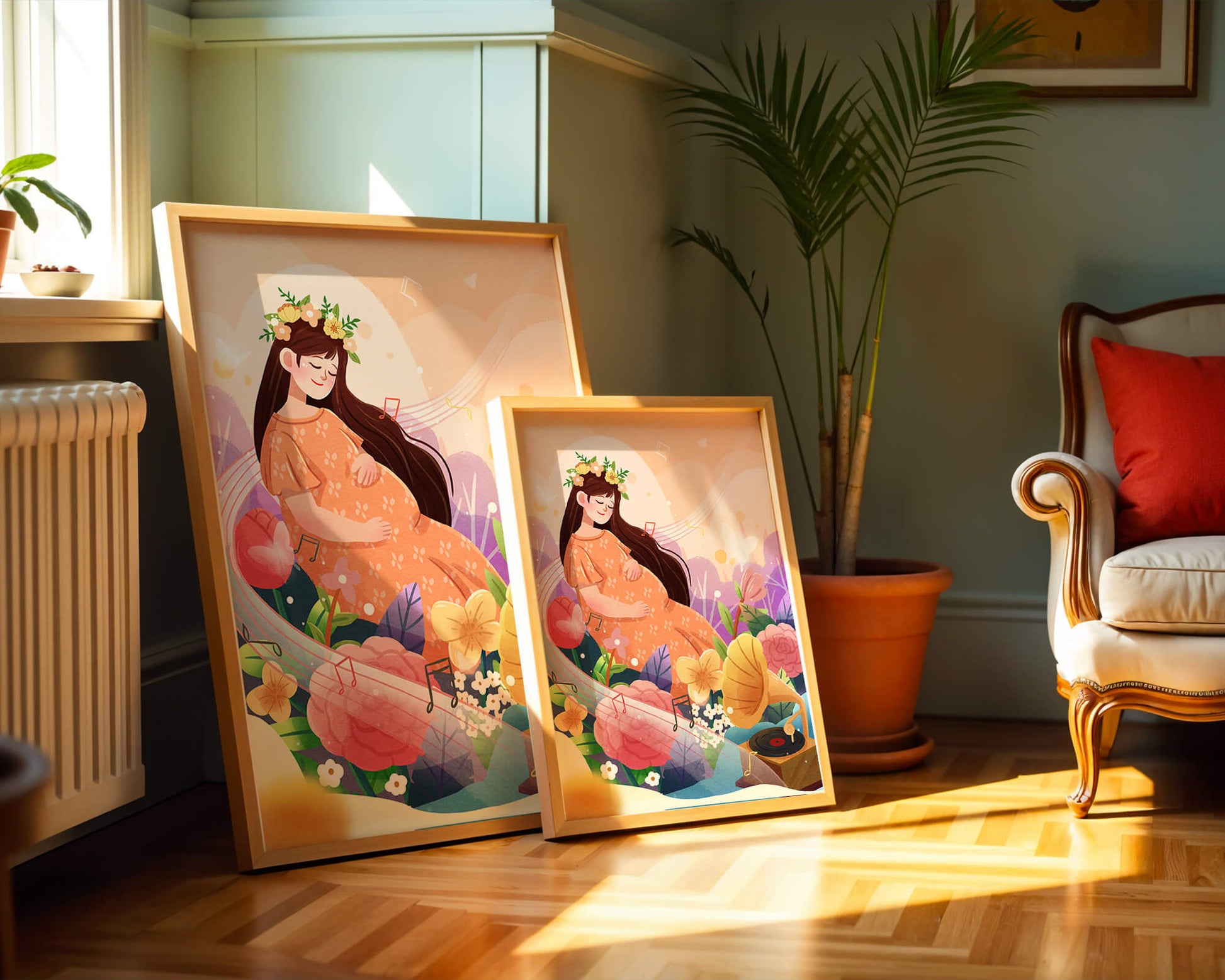 Woman in nature with flowers and musical notes