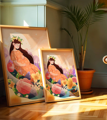 Woman in nature with flowers and musical notes