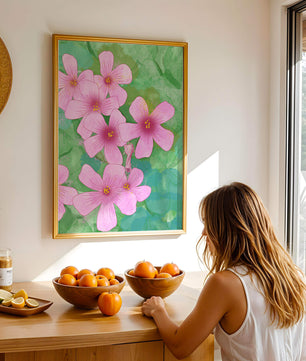 Zarte rosa Blüten auf einem leuchtend grünen Hintergrund Illustration