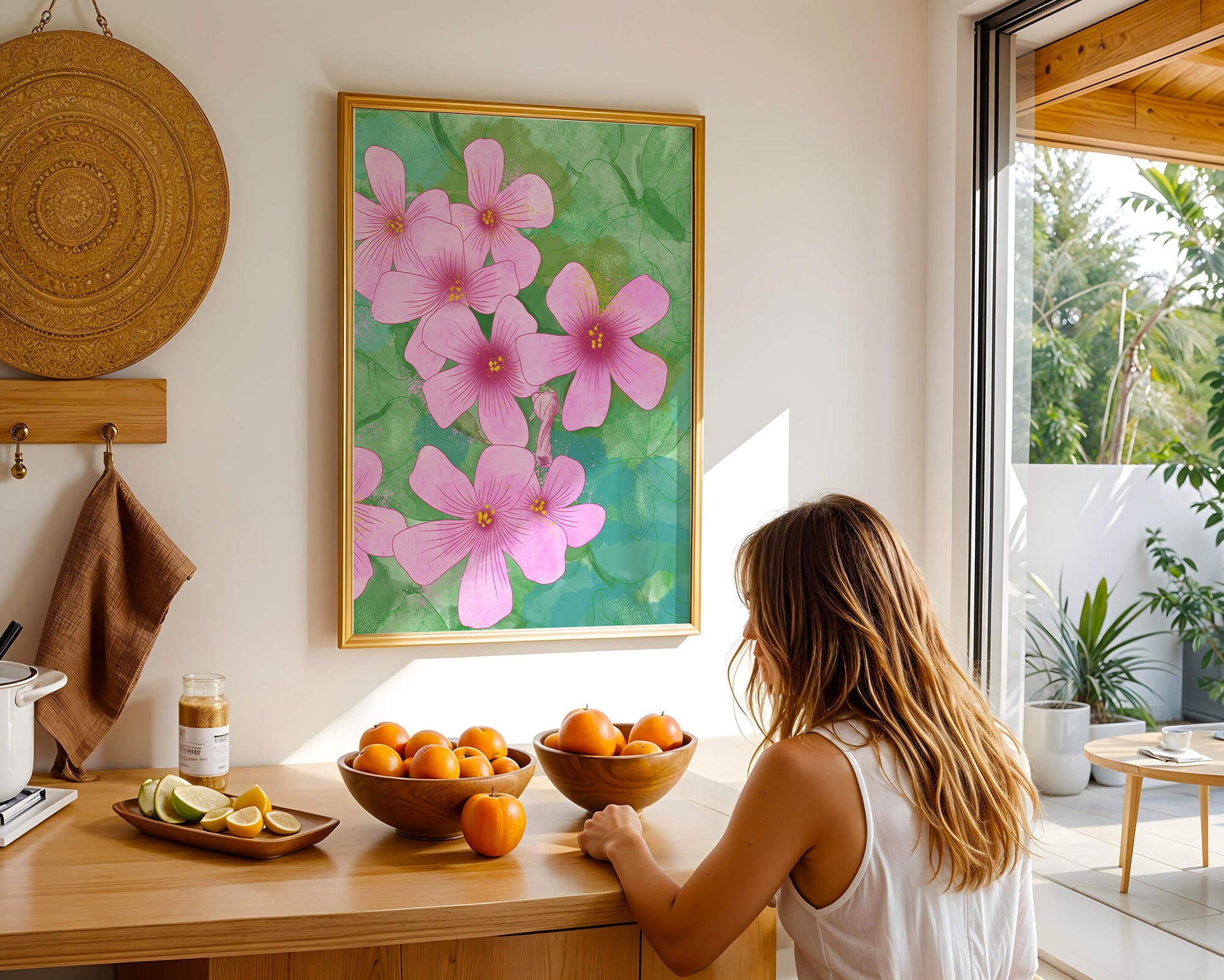 Zarte rosa Blüten auf einem leuchtend grünen Hintergrund Illustration