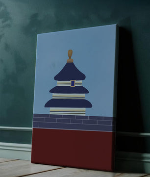 Ilustración abstracta del Templo del Cielo con detalles azules y dorados