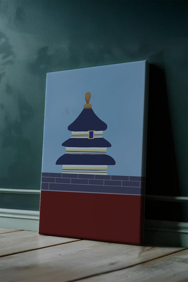 Ilustración abstracta del Templo del Cielo con detalles azules y dorados