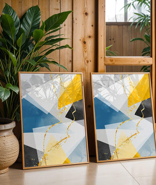 Abstract Geometric Art with Gold Accents in Blue, Yellow, and Gray - Mi tienda