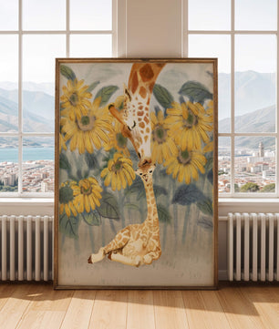 Pintura acuarela de jirafas y girasoles en una escena tierna de una familia de jirafas