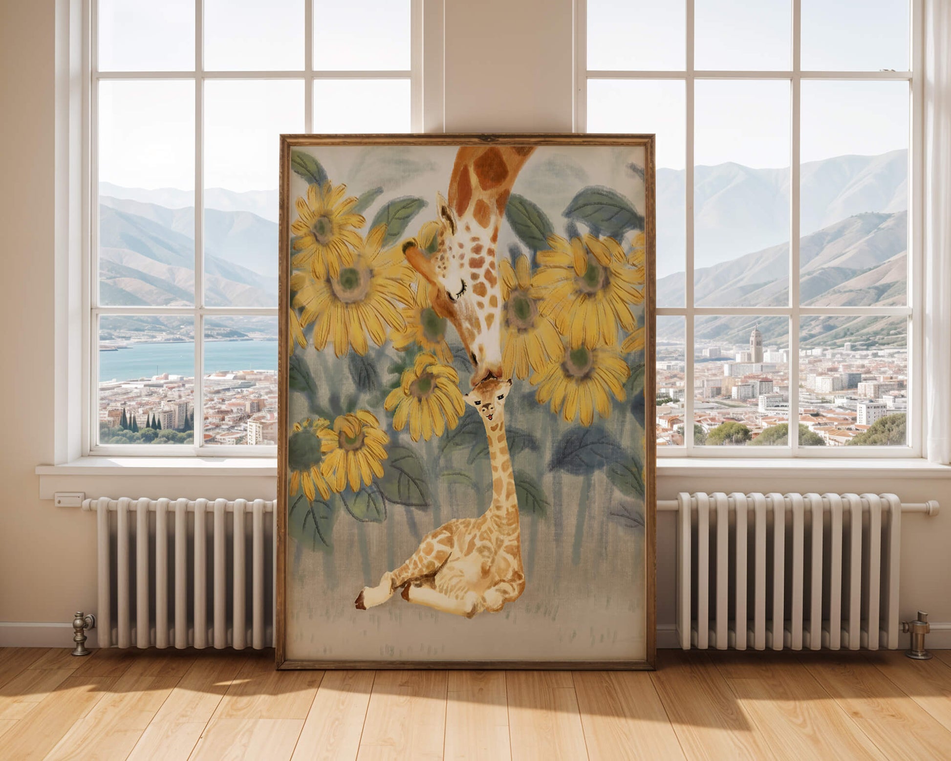 Giraffe and sunflowers watercolor painting of tender giraffe family scene
