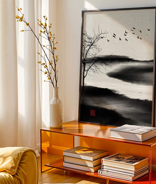 Minimalist Landscape with Silhouetted Tree and Birds