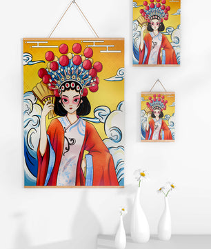 Eine elegante Darstellung asiatischer Kunst mit traditioneller Kleidung und kunstvollem Kopfschmuck