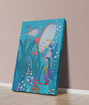Underwater world illustration with whales and fish amidst seaweed