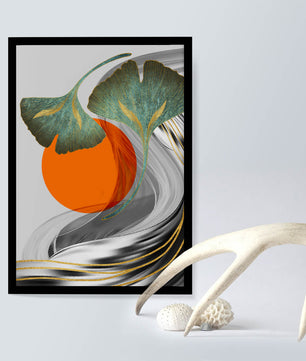 Hojas de Ginkgo abstractas con círculo naranja y ondas plateadas