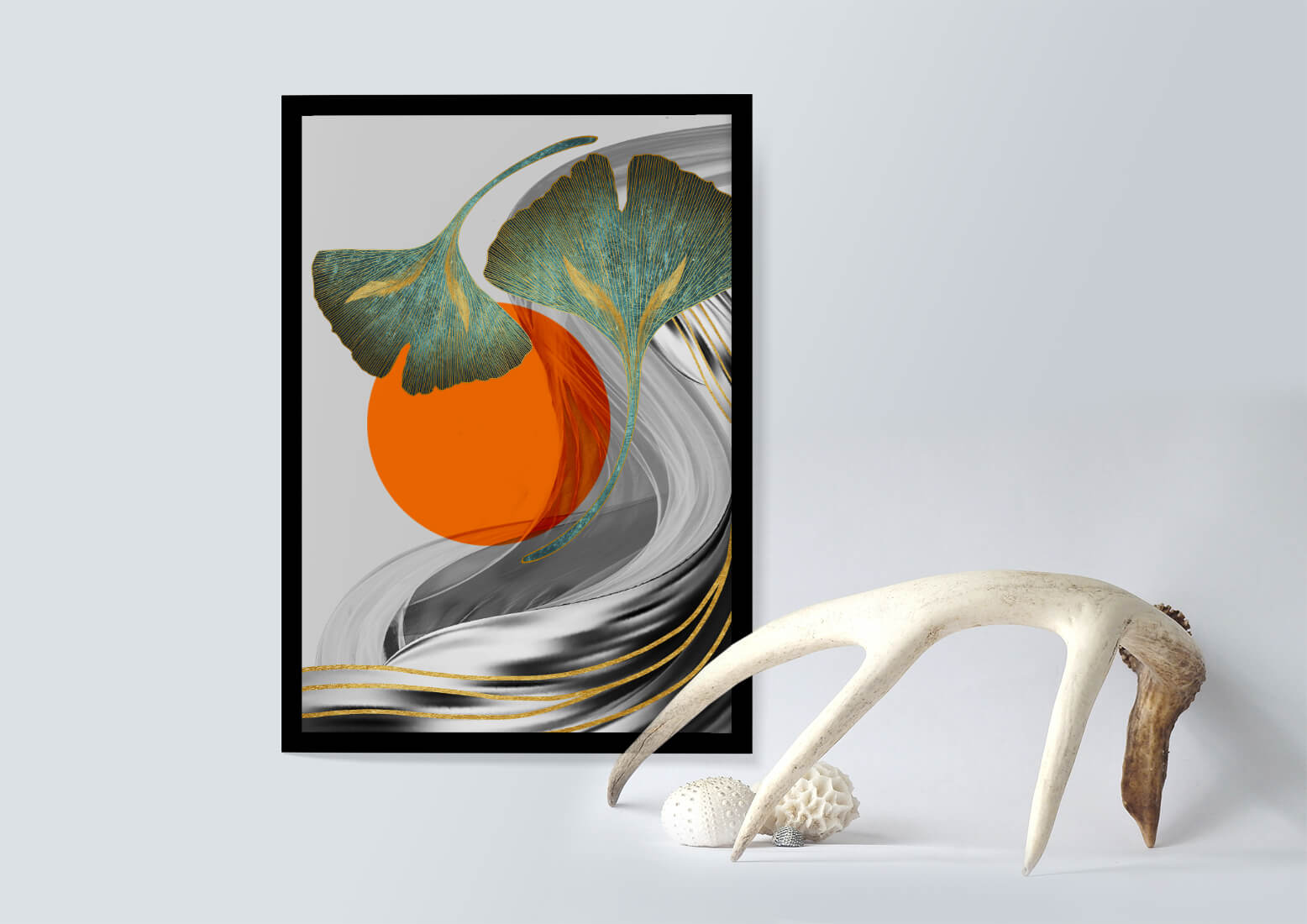 Hojas de Ginkgo abstractas con círculo naranja y ondas plateadas
