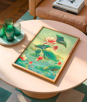 Serene lotus pond with vibrant lilies and lush green leaves