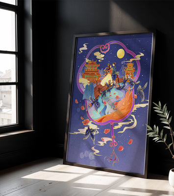Romantic oriental night scene with couple and pagodas under moonlight