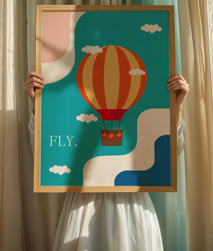 Bunte Heißluftballon-Illustration mit Wolken und abstrakten Formen