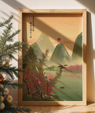 Serene landscape illustration with mountains and cherry blossoms