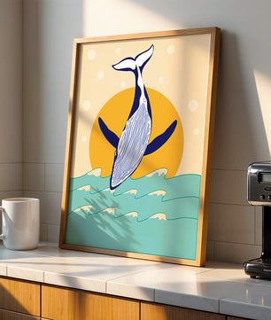 Ilustración de una ballena saltando sobre las olas con un fondo de sol