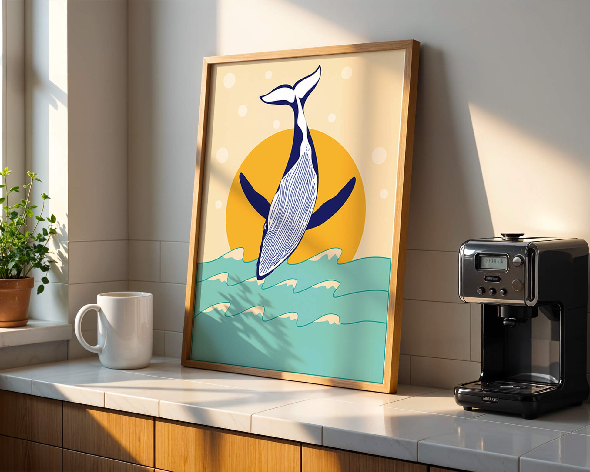 Illustration of a whale jumping over waves with sun backdrop