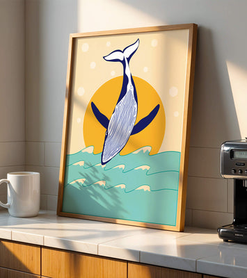 Illustration of a whale jumping over waves with sun backdrop