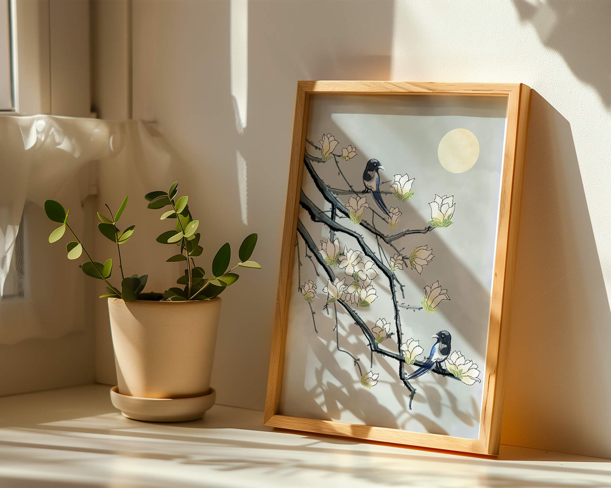 Birds on blossoming branches under a serene moonlit sky