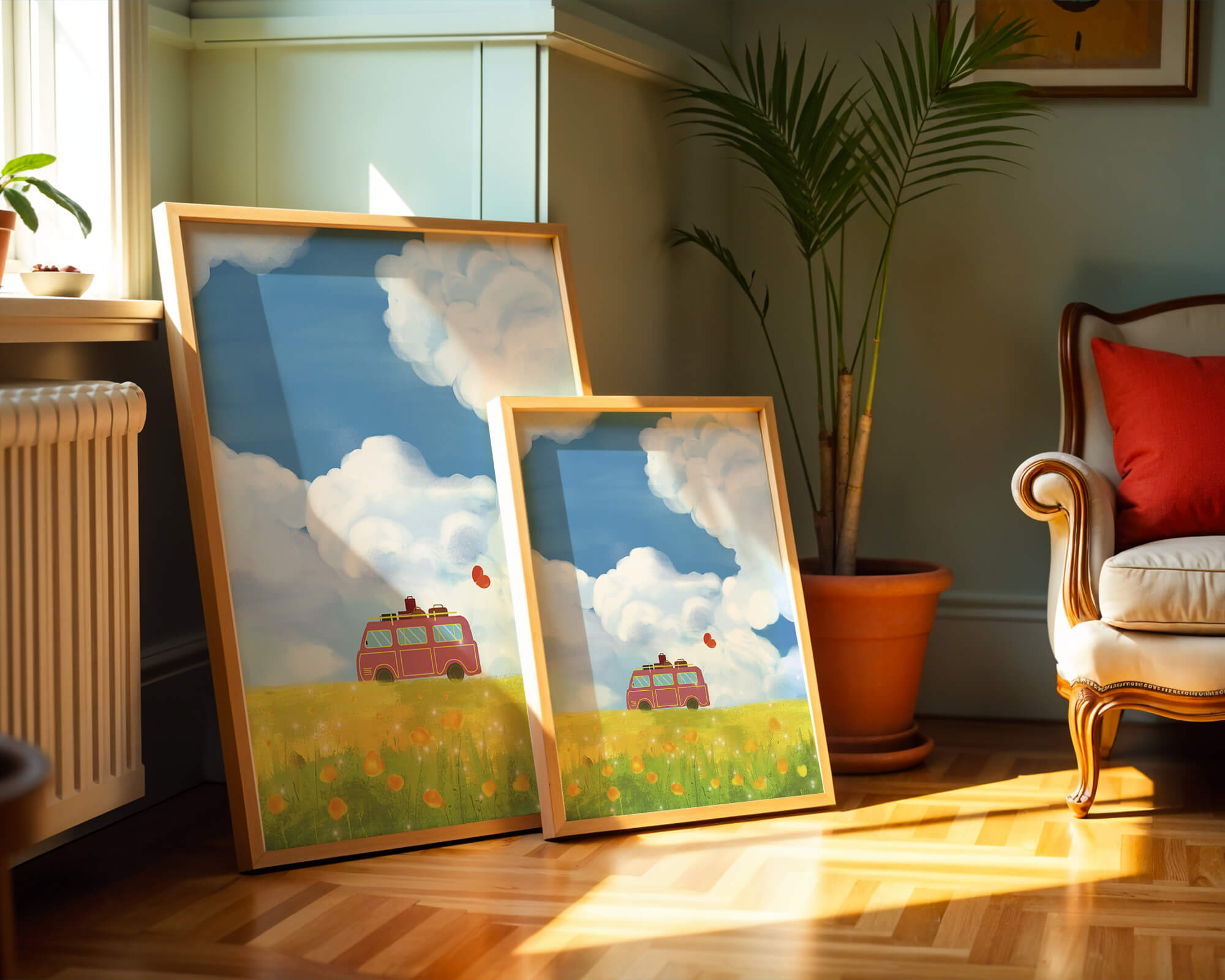 Furgoneta colorida en un campo vibrante con globos y equipaje