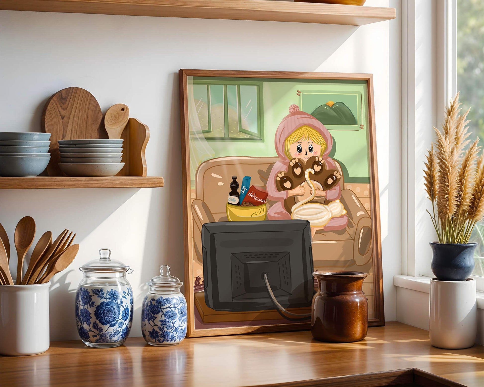 Cozy cartoon scene: person with cat and snacks on a sofa