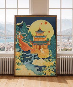 Ilustración serena con elementos chinos y naturaleza