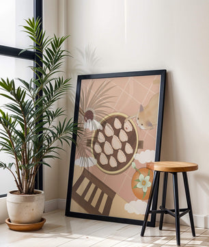 Gato alcanzando dumplings en una mesa con azulejos rosas y naranjas con palillos