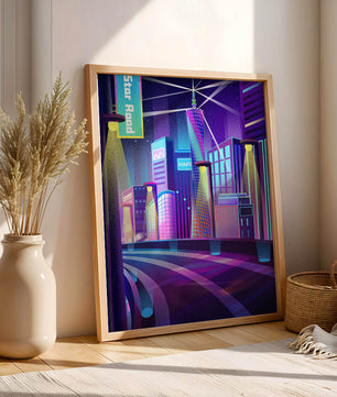 Futuristic Neon Cityscape with Illuminated Skyscrapers and Curved Road