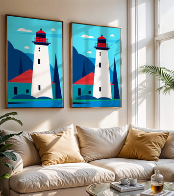 Modern illustration of a lighthouse with vibrant colors