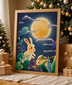 Charming illustration of rabbits under a full moon in a vibrant night garden