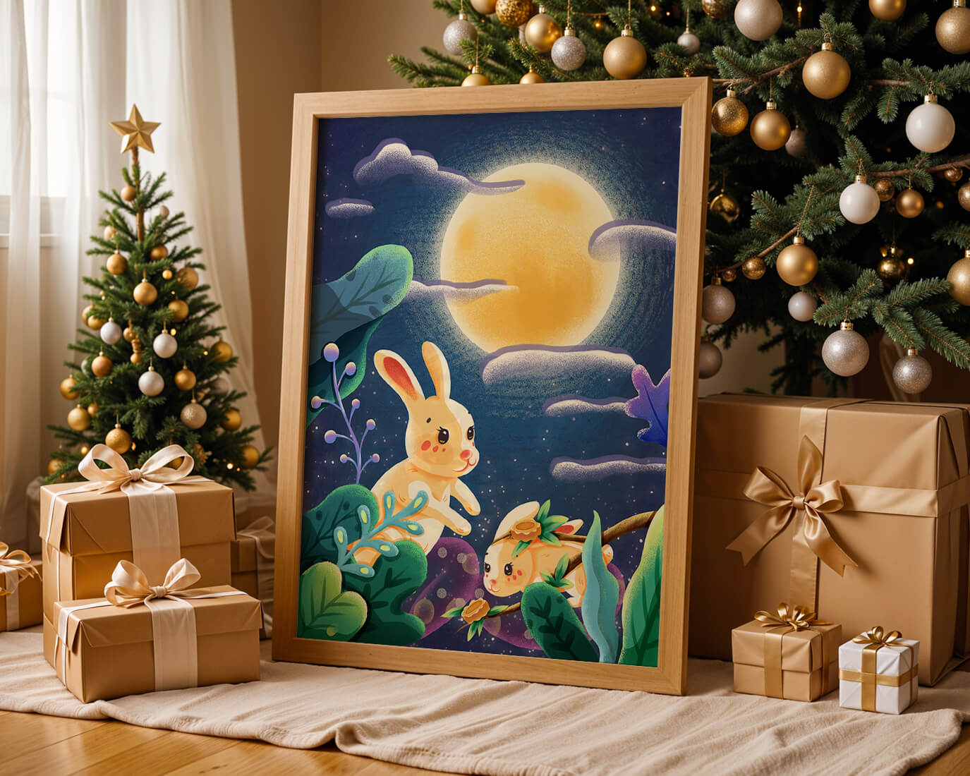 Charming illustration of rabbits under a full moon in a vibrant night garden