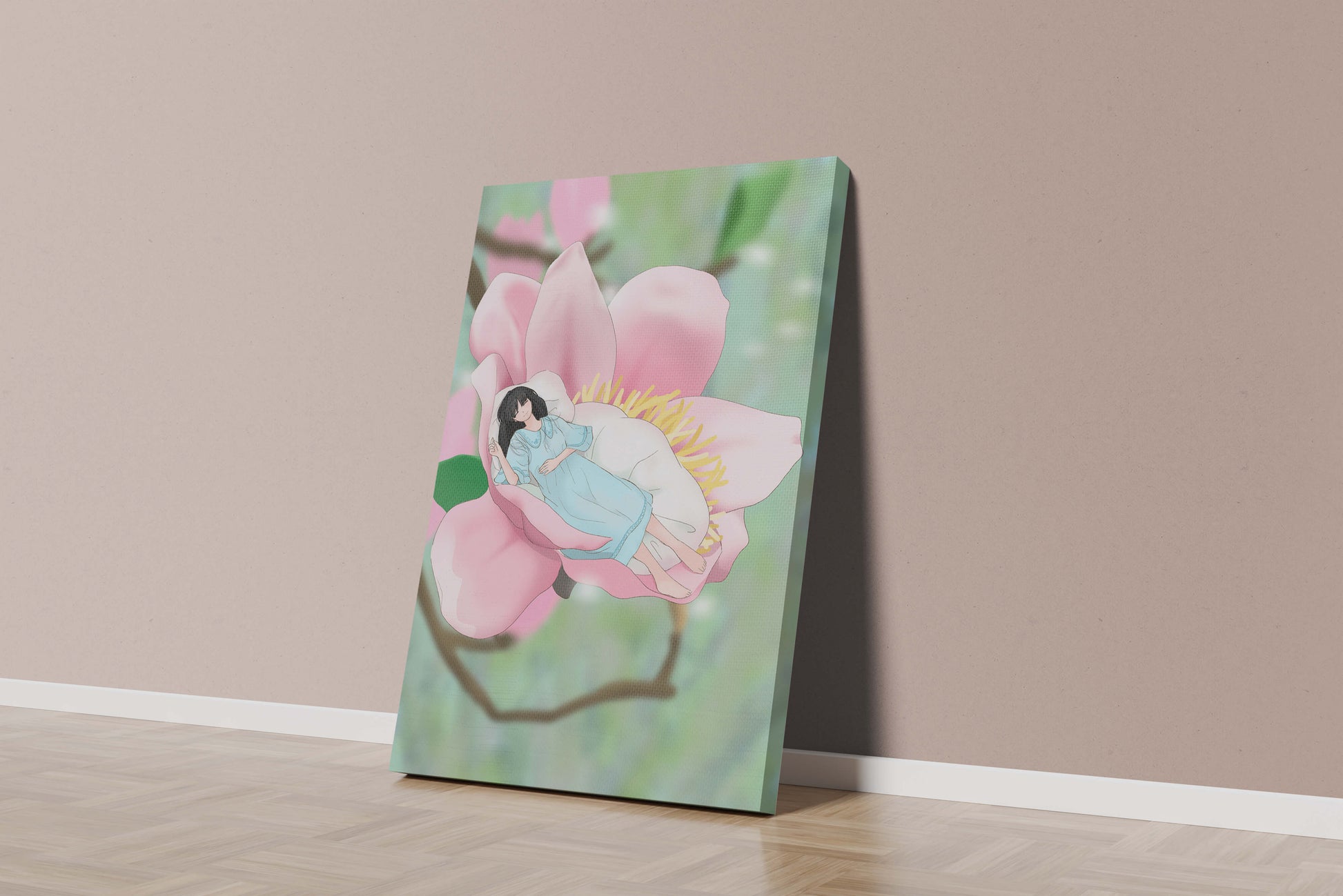 Dreamlike scene of a woman sleeping in a large pink flower