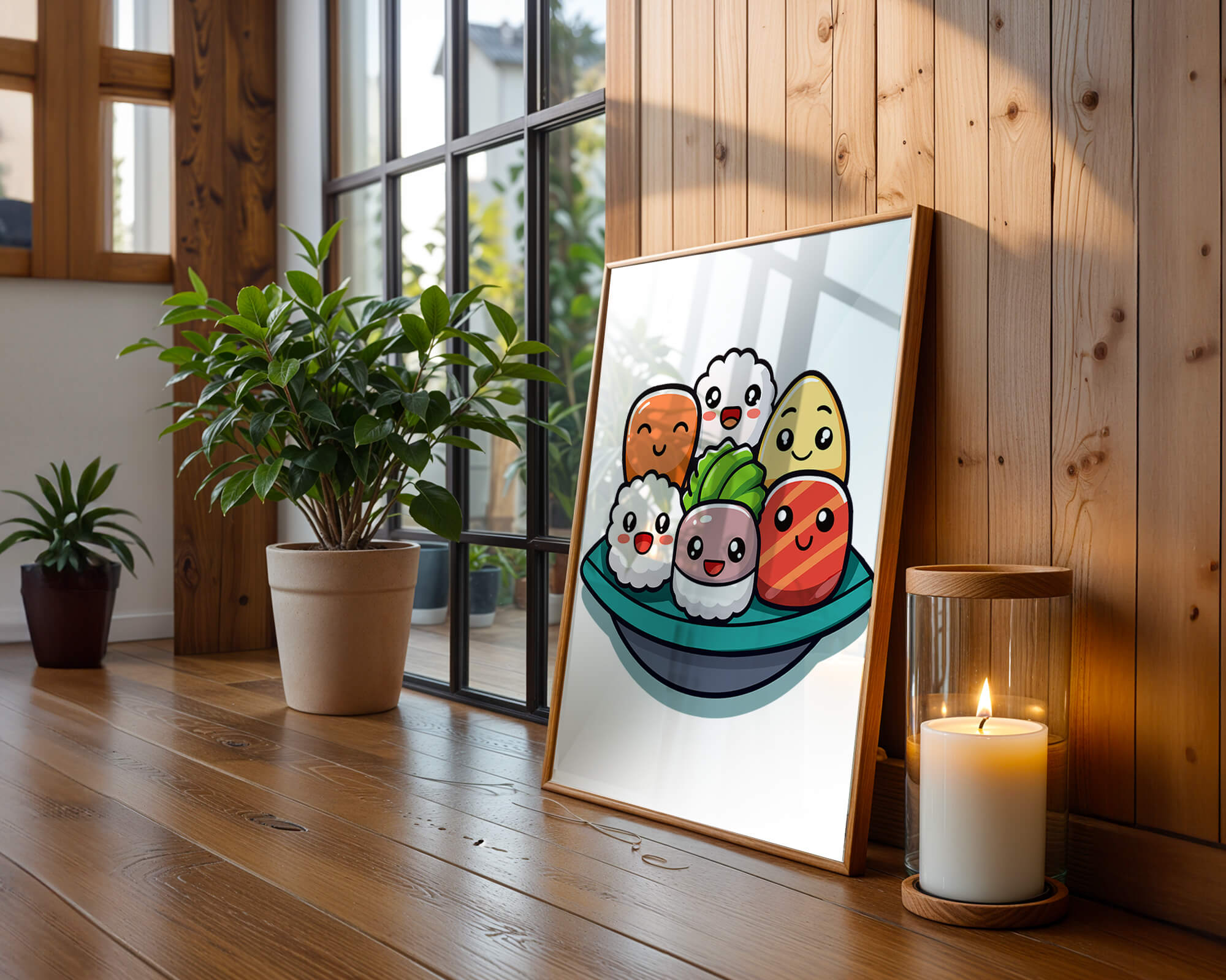 Adorable cartoon sushi characters in a bowl illustration