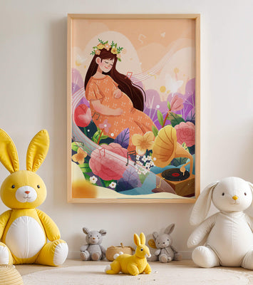 Woman in nature with flowers and musical notes