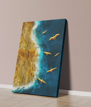 Golden beach landscape with vibrant ocean and flying seabirds