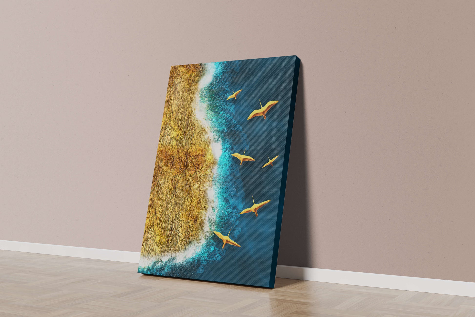 Golden beach landscape with vibrant ocean and flying seabirds