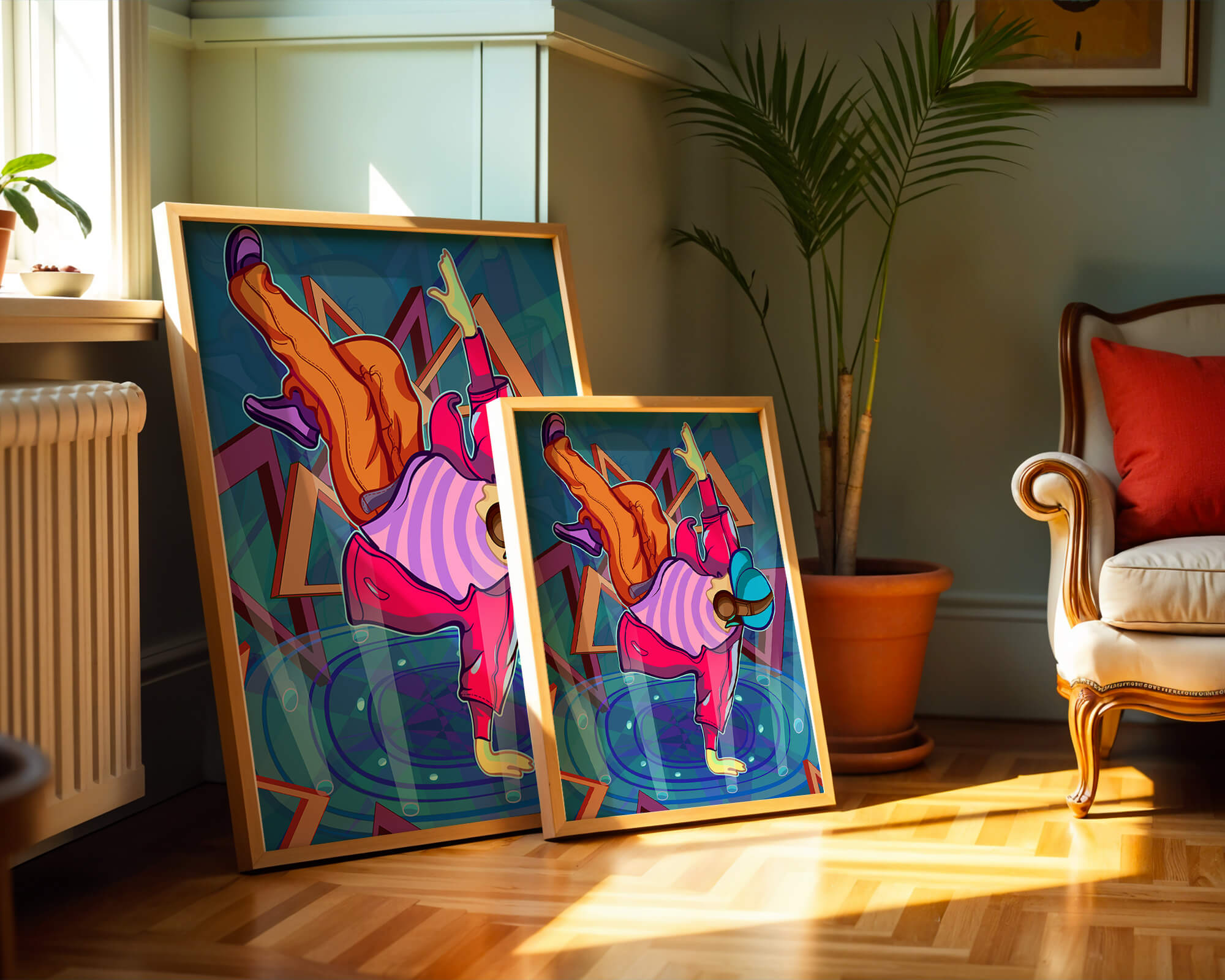 Colorful breakdancer in dynamic urban artwork