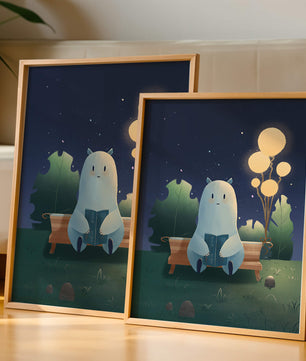 Ilustración nocturna acogedora con una criatura leyendo bajo un cielo estrellado
