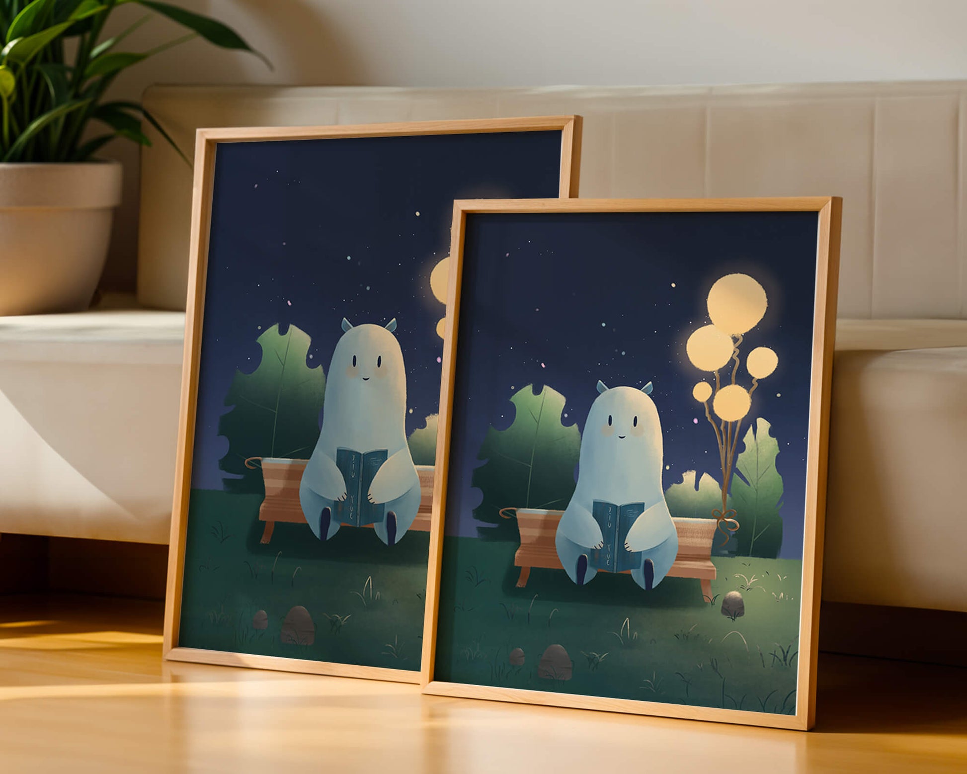 Cozy nighttime illustration with a creature reading under starry sky