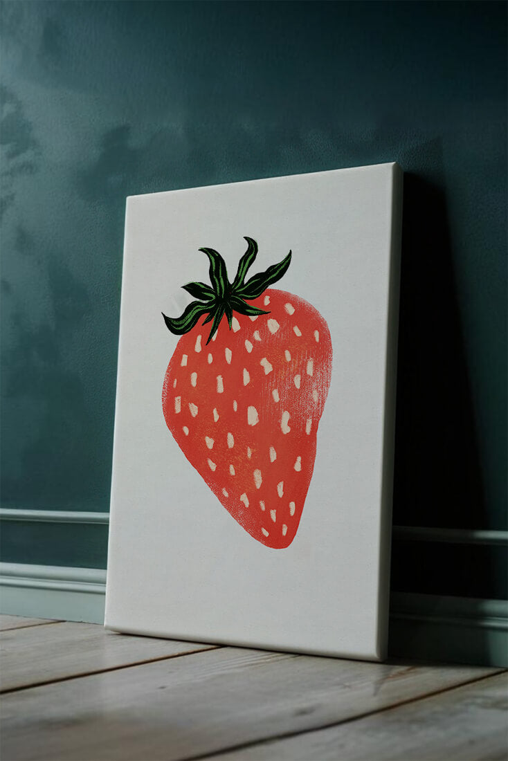Illustrative design of a vibrant red strawberry with green leaves