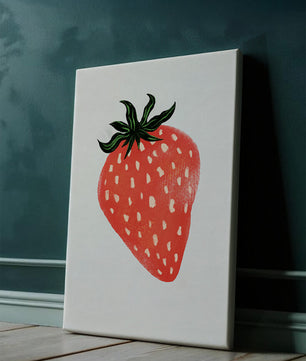 Illustrative design of a vibrant red strawberry with green leaves