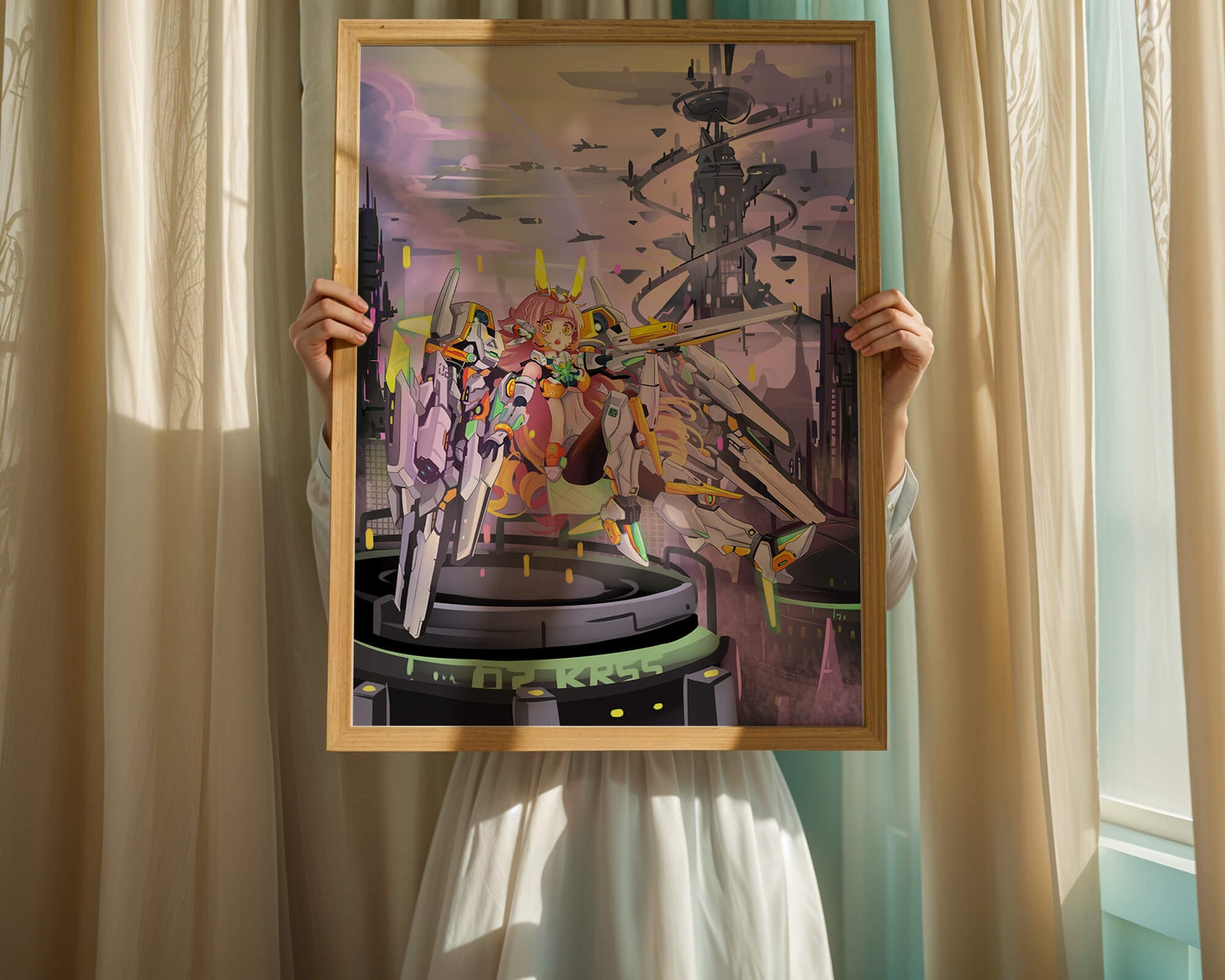 Futuristic illustration of girl with robot in sci-fi cityscape