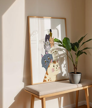 Stack of adorable cartoon cats with diverse patterns and colors