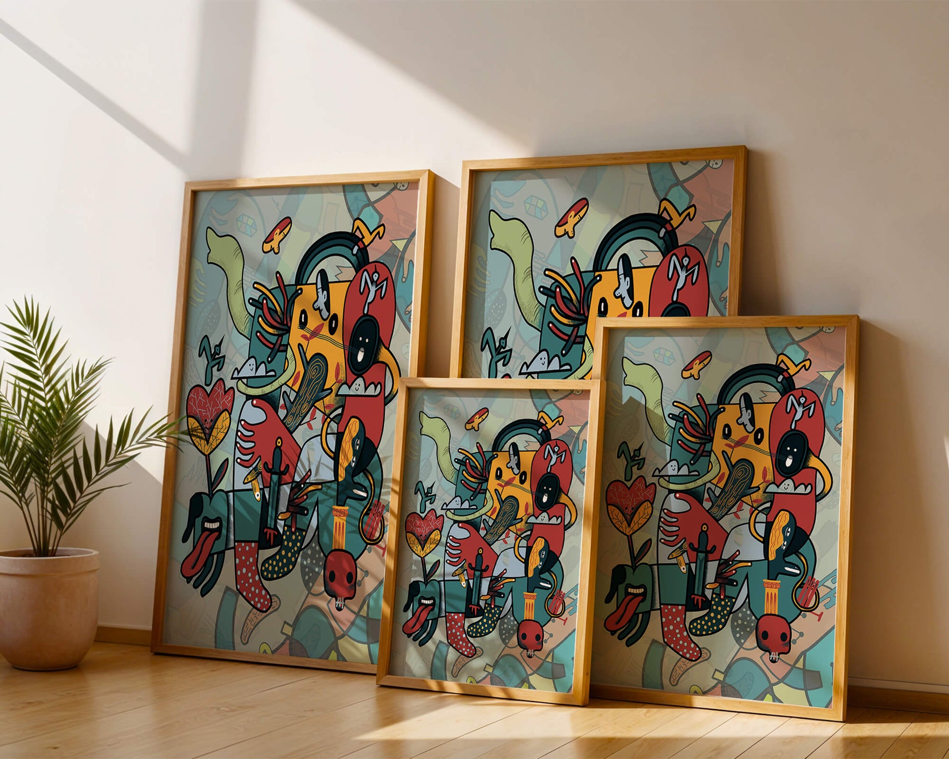 Composición artística surrealista abstracta con colores vibrantes