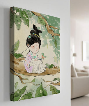 Serene illustration of a girl with a bird in a tree