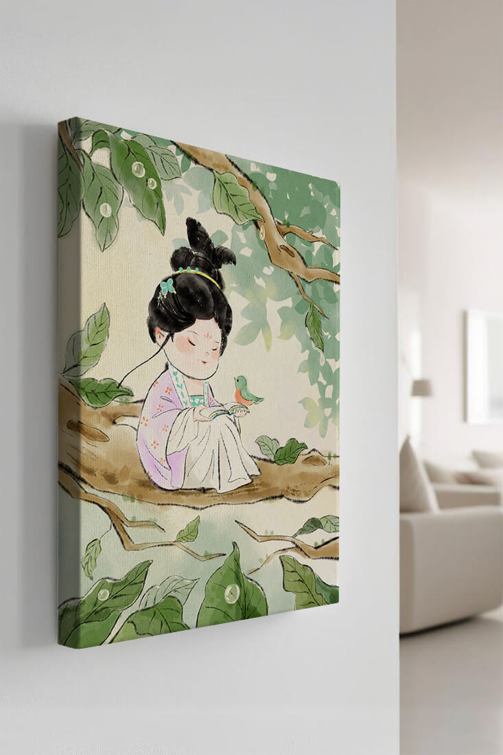 Serene illustration of a girl with a bird in a tree